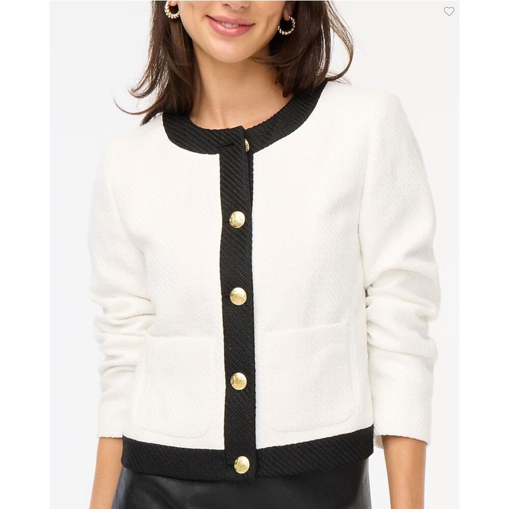 J.Crew Tweed Lady Jacket White Black Trim Gold Buttons $218 Size 8